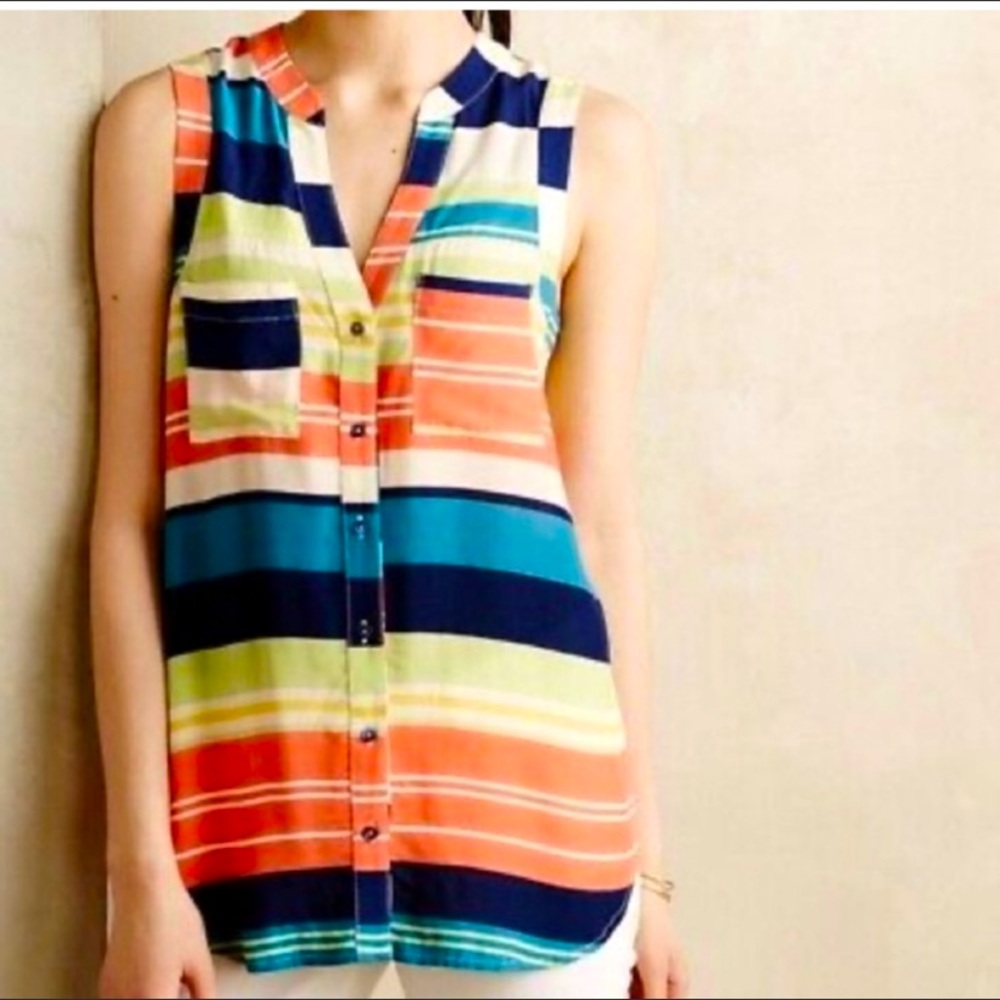 Maeve Sleeveless Striped Button-Front Blouse in Coral, Navy & Teal